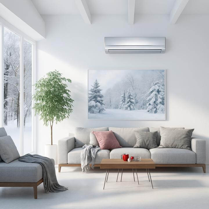 Salon moderne avec thermopompe murale fonctionnant par temps extrêmement froid, montrant des fenêtres avec paysage enneigé.