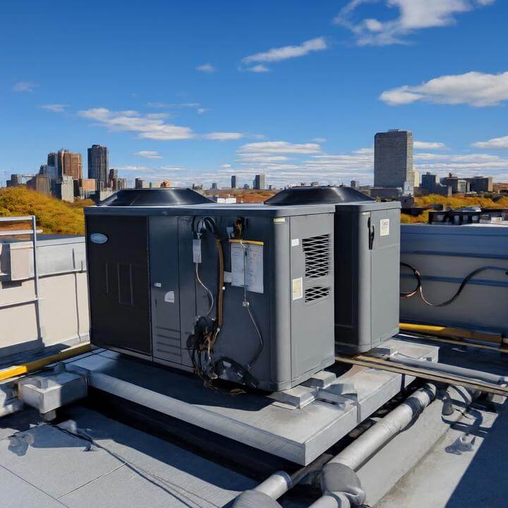 Unités de CVC sur un toit commercial illustrant comment fonctionne un système de CVC commercial, guide par AirGreen.