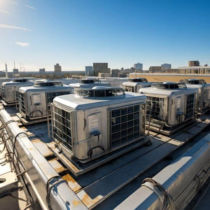 Systèmes de toiture pour espaces commerciaux à Montréal, montrant des unités de ventilation sur un toit avec vue urbaine en arrière-plan.