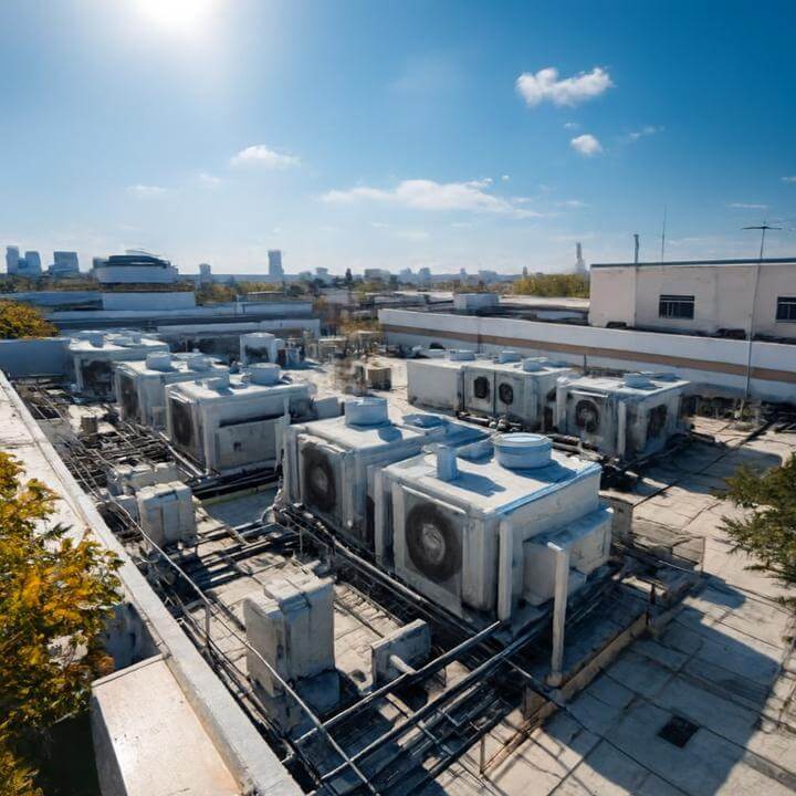 Unités de climatisation commerciale à Montréal, illustrant "Quels sont les problèmes courants traités par les services de climatisation commerciale?"