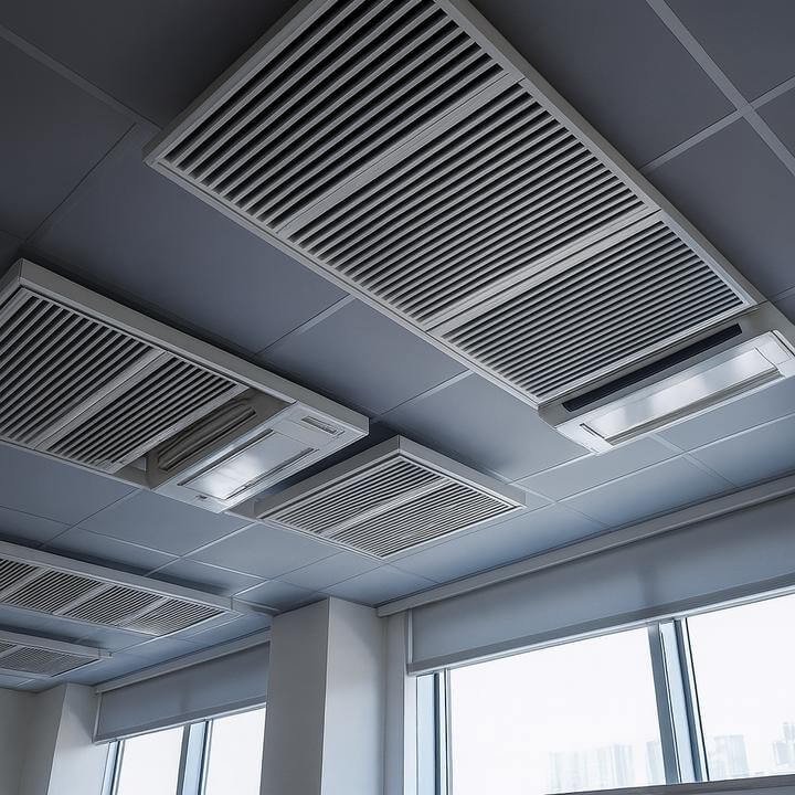Modern office with HVAC system showcasing quels sont les avantages d'un entretien régulier du CVC pour les bureaux?