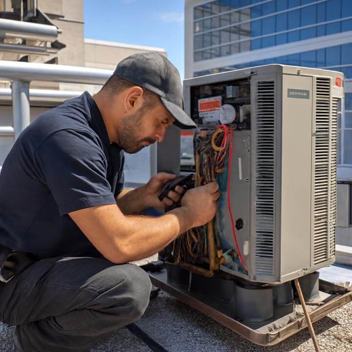 Technicien inspectant un système de CVC commercial sur un toit. À quelle fréquence les systèmes de CVC commerciaux doivent-ils être entretenus?