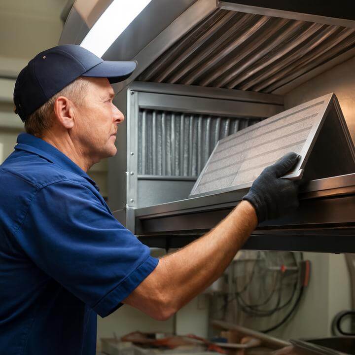 Technicien vérifiant les signes indiquant qu'un système de ventilation commerciale nécessite un entretien