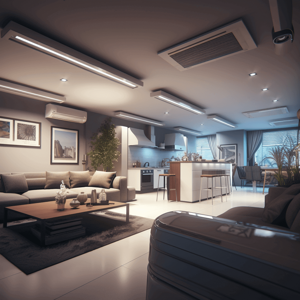 Modern condo living room showcasing ventilation systems, illustrating les défis pour assurer une ventilation constante dans les immeubles à condos.