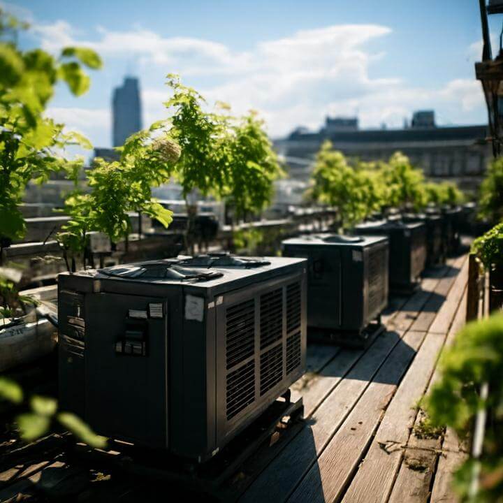 Unité de climatisation commerciale sur toit, illustrant les avantages en matière d'économie d'énergie d'un service de climatisation commerciale.