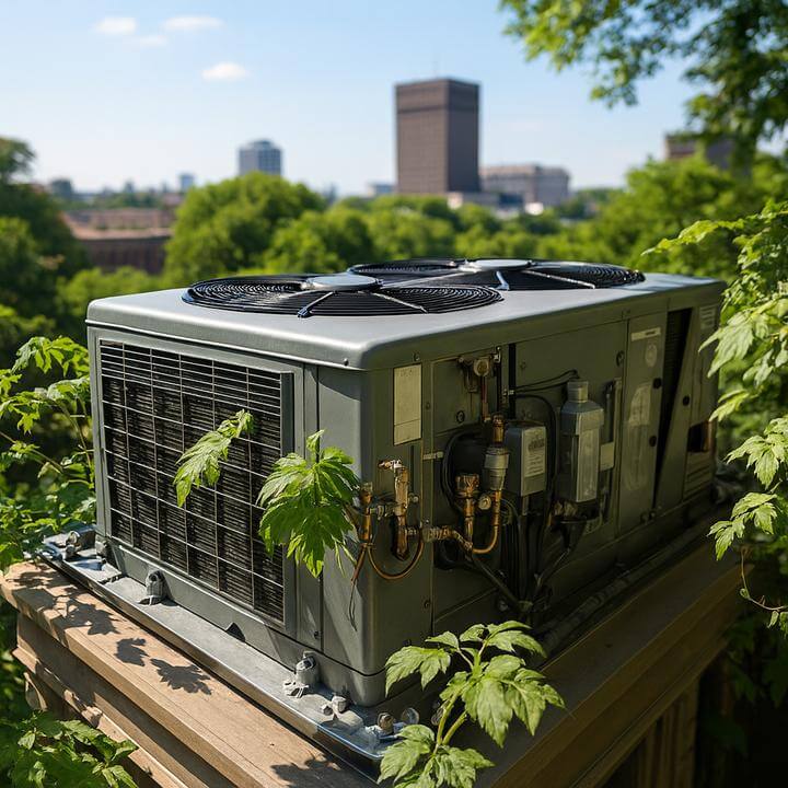 Système de toiture écologique avec certification Energy Star, intégré dans un paysage urbain verdoyant. Existe-t-il des options de système de toiture écologiques ou certifiées Energy Star?