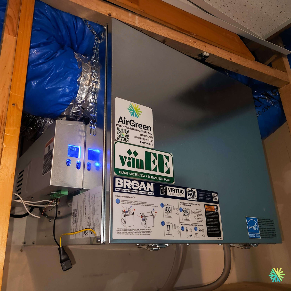 Installation d'un échangeur d'air Broan-NuTone HRV160 ECM (modèle HRV160TE, série HE) à Saint-Urbain-Premier, en Montérégie