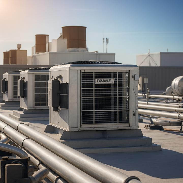 Installation de systèmes monoblocs CVC commerciaux sur un toit, montrant comment les systèmes monoblocs CVC fonctionnent-ils en tandem.