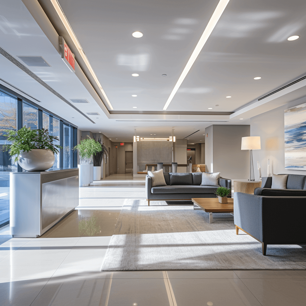 Espaces communs d'un condo montrant une circulation d'air propre assurée par le CVC pour le confort optimal des résidents.