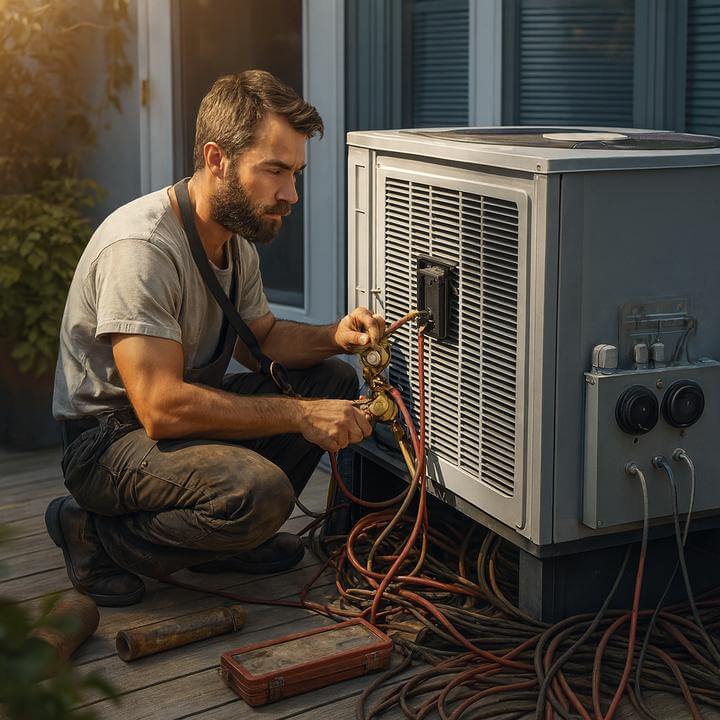 Technicien effectuant un entretien sur un système de thermopompe centrale | À quelle fréquence un système de thermopompe centrale doit-il être entretenu?