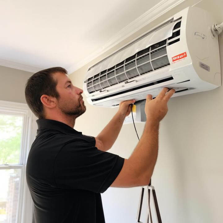 Technicien effectuant l'entretien d'un climatiseur mural - À quelle fréquence un climatiseur mural doit-il être entretenu?