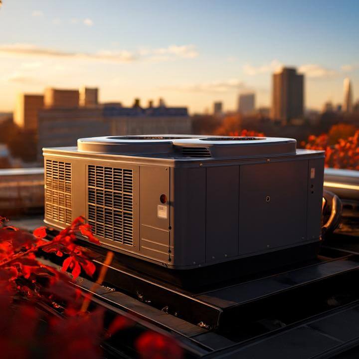 Système de toiture moderne influençant l'esthétique et la conception du bâtiment avec vue urbaine en arrière-plan, à l'aube.