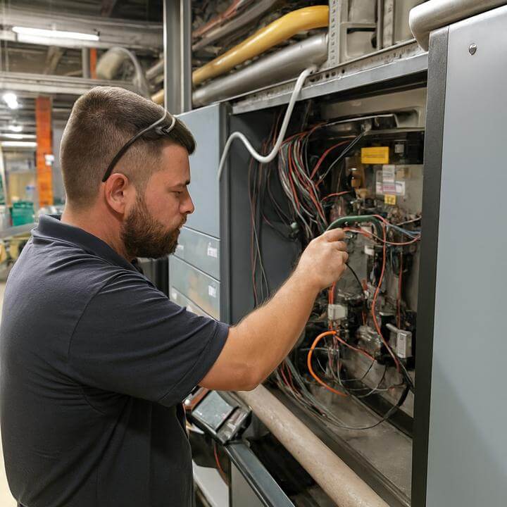 Technicien vérifiant un système CVC commercial pour réduire les coûts énergétiques, clé dans l'article "Comment puis-je réduire les coûts énergétiques avec un système de CVC commercial?"