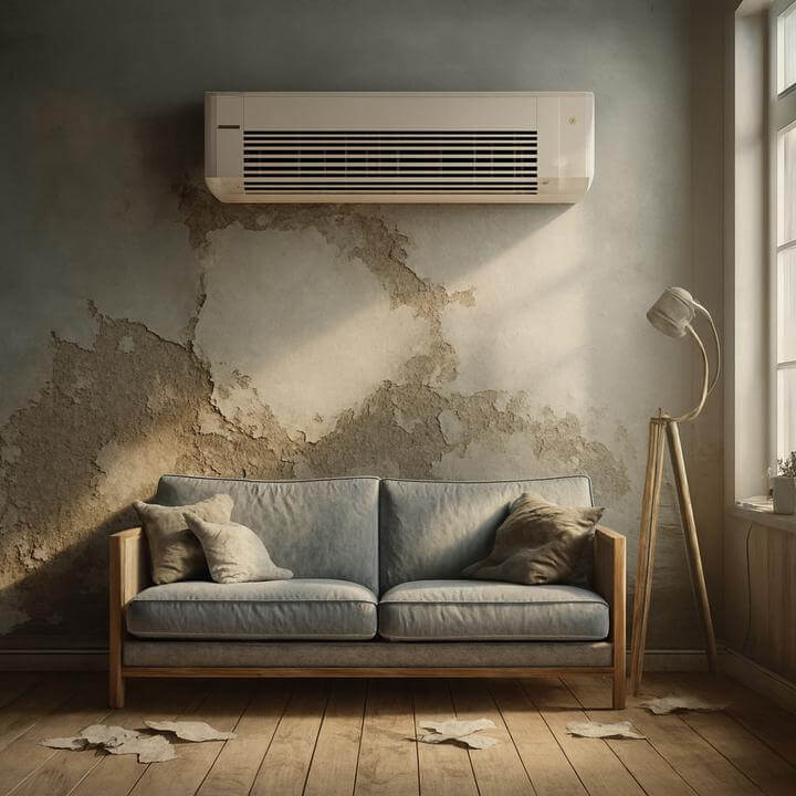 Climatiseur mural ancien dans un salon, indiquant quels sont les signes qu'un climatiseur mural doit être remplacé?