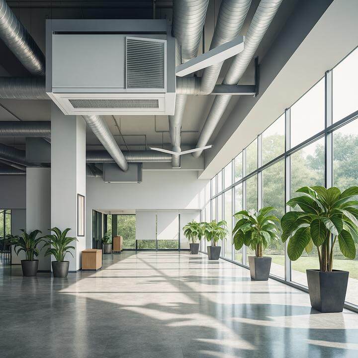 Système de ventilation commerciale éliminant les polluants et allergènes dans un bureau moderne. Comment la ventilation commerciale aide-t-elle à éliminer les polluants et allergènes?