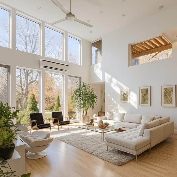 Spacious living room with thermopompe murale for heating and cooling multiple rooms, showcasing modern climate control solutions.