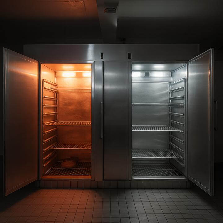 Quelle est la durée de vie moyenne des équipements de réfrigération commerciale? Deux réfrigérateurs commerciaux ouverts, lumière intérieure.