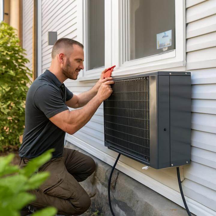 Homme installant un climatiseur mural; guide AirGreen pour savoir 'Puis-je installer un climatiseur mural moi-même?' à Montréal.