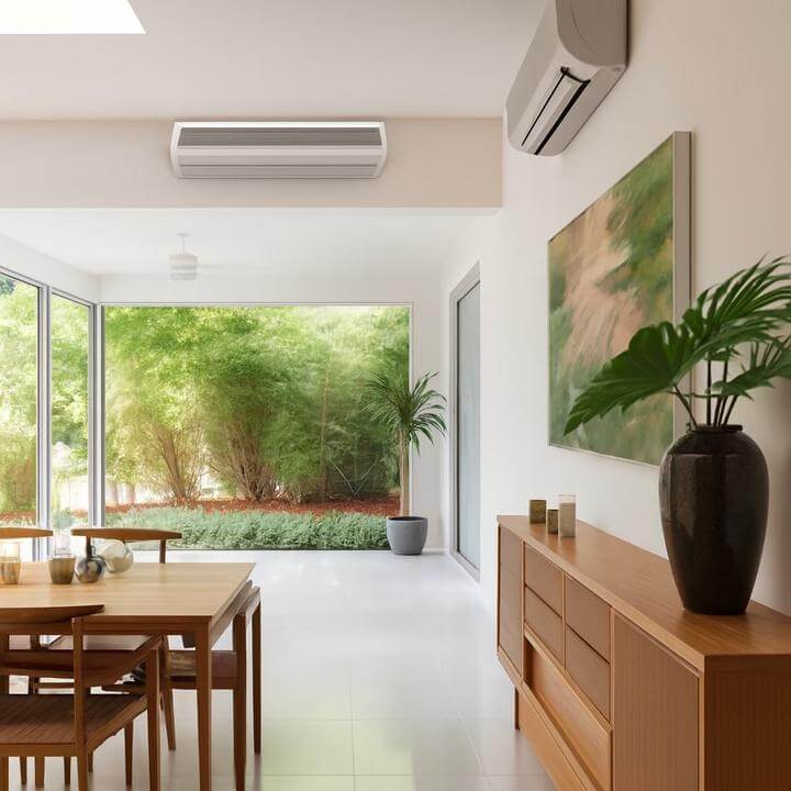 Intérieur lumineux avec un climatiseur mural, explore : Un climatiseur mural déshumidifie-t-il aussi bien qu'il refroidit?