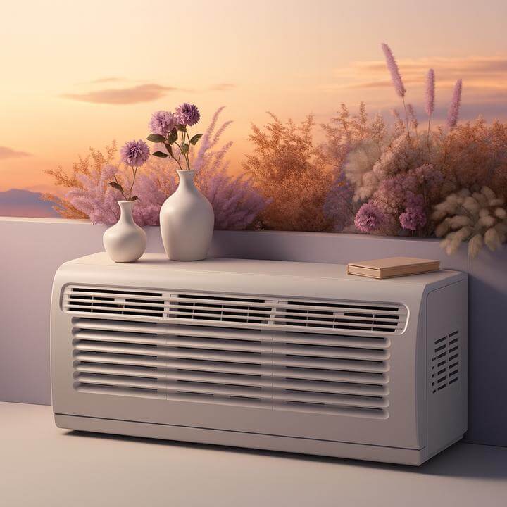 Unités PTAC modernes avec télécommande au crépuscule, montrant l'évolution des dispositifs de climatisation.