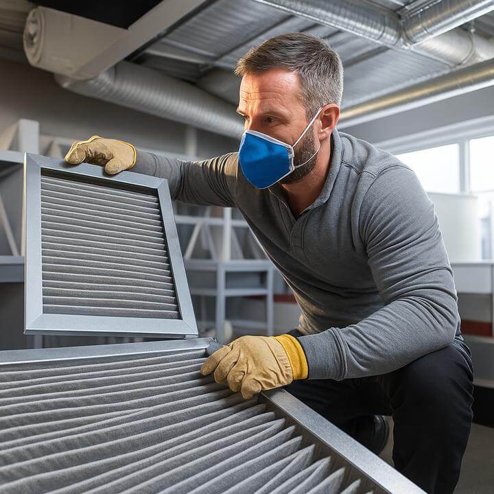 Technicien changeant un filtre de ventilation dans un système commercial, illustrant "À quelle fréquence les filtres des systèmes de ventilation commerciale doivent-ils être changés?"
