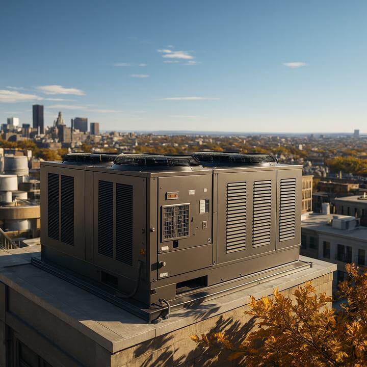 Système CVC moderne sur un toit à Montréal, illustrant les systèmes de toiture peuvent-ils être surveillés et contrôlés à distance?