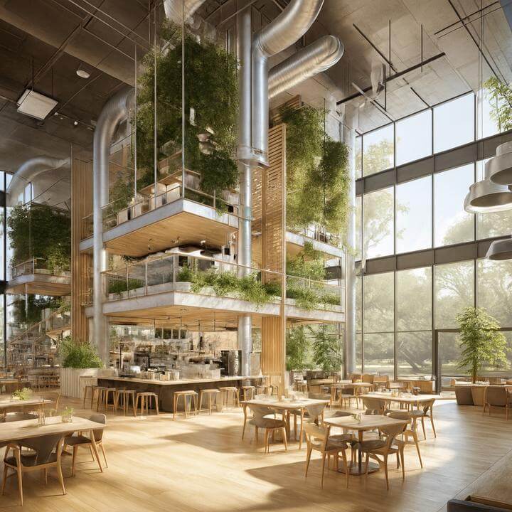 Intérieur moderne avec ventilation commerciale illustrant "Quelle est l'importance de la régulation de l'humidité dans la ventilation commerciale?"