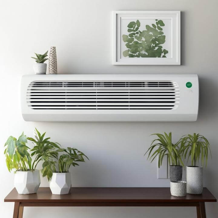 Unité PTAC moderne sur un mur avec des plantes, intégration de thermostats abordée dans 'Puis-je utiliser mon thermostat existant avec une unité PTAC?'.