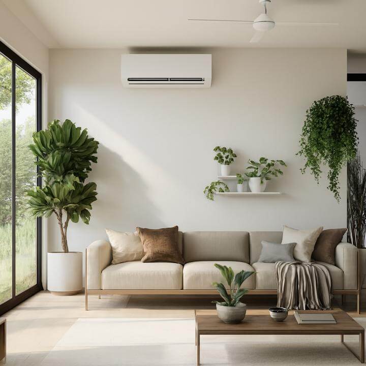 Salon moderne équipé d'un climatiseur mural, illustrant comment un climatiseur mural gère-t-il l'humidité dans un environnement élégant.