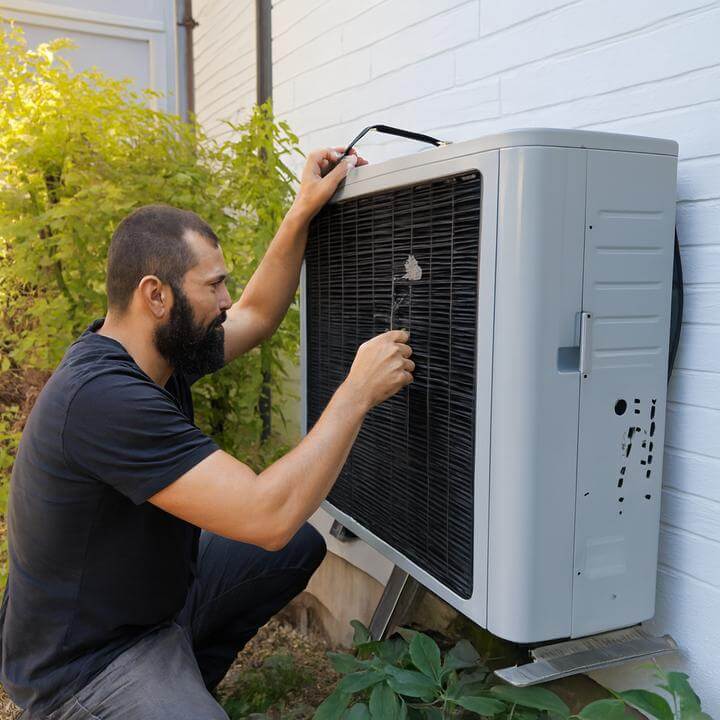 Technician illustrating comment dépanner un climatiseur mural outside a Montreal home.