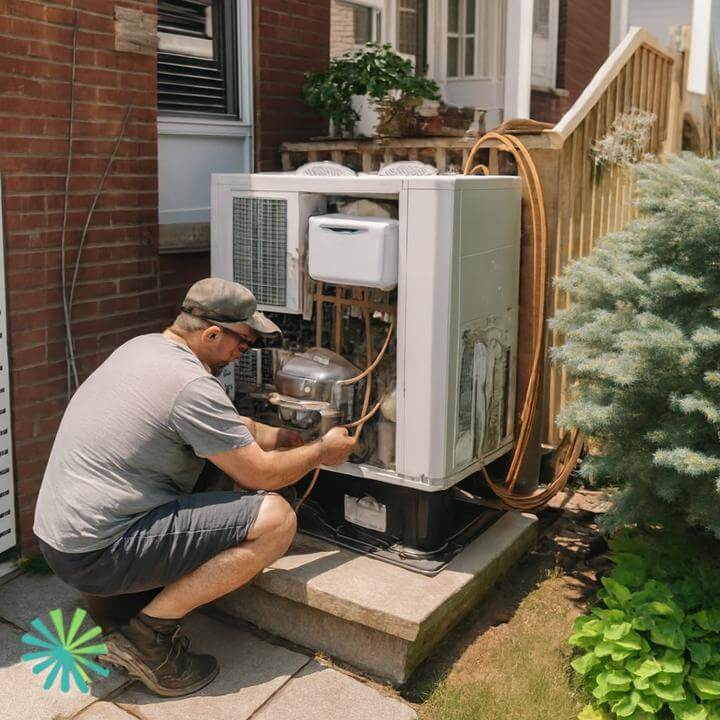 Installation de systèmes de climatisation commerciale sur un toit avec vue sur la ville, illustrant les problèmes courants traités par les services de climatisation commerciale.
