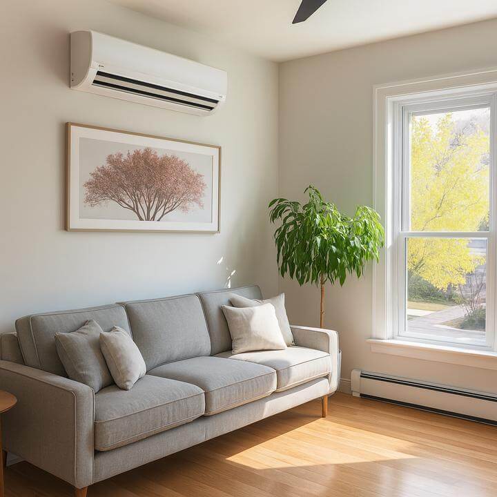 Salon avec thermopompe murale améliorant la qualité de l'air, montrant une installation moderne dans un intérieur lumineux.