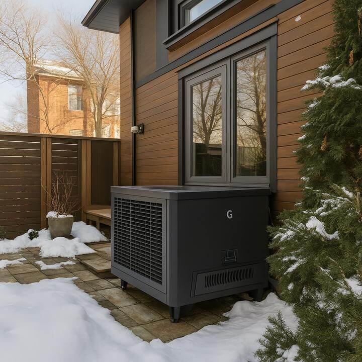 Système de thermopompe centrale à l'extérieur d'une maison enneigée, discuté dans "À quelle fréquence les filtres d'un système de thermopompe centrale doivent-ils être changés ?"