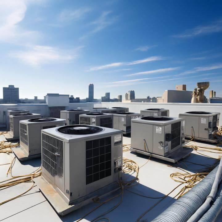 Qu'est-ce qu'un service de climatisation commerciale? Vue sur des unités de climatisation sur un toit en milieu urbain au coucher du soleil.