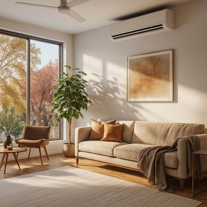 Système CVC sans conduits pour condos dans un salon moderne lumineux avec climatiseur