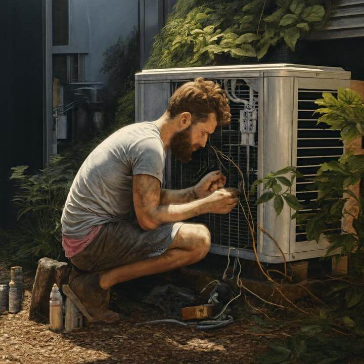 Homme installant une thermopompe murale dans un jardin, illustrant l'article 'Puis-je installer une thermopompe murale moi-même?'