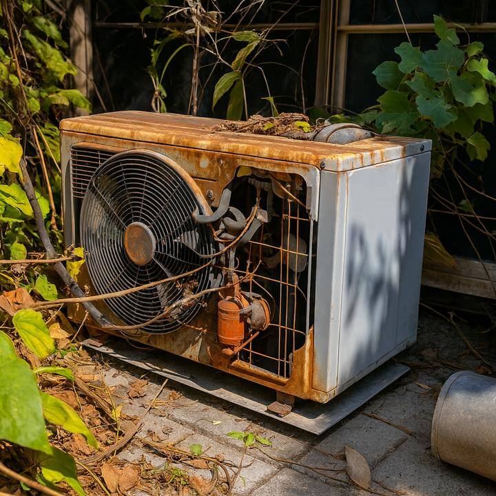 Unité CVC monobloc rouillée et endommagée nécessitant une réparation ou remplacement, illustrant les signes de défaillance du système.