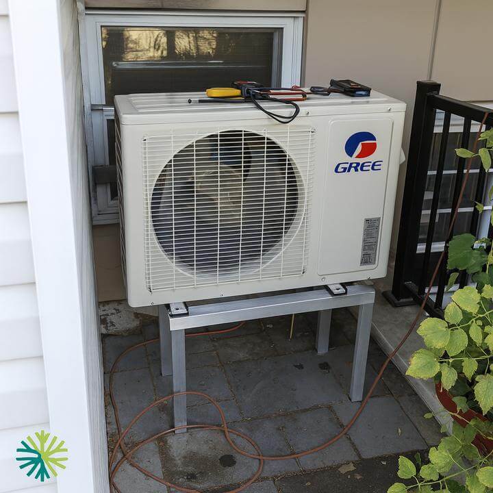 Installation d'une Thermopompe Murale Gree Extreme à Ahuntsic-Cartierville, Montréal extérieure sur un mur de bâtiment