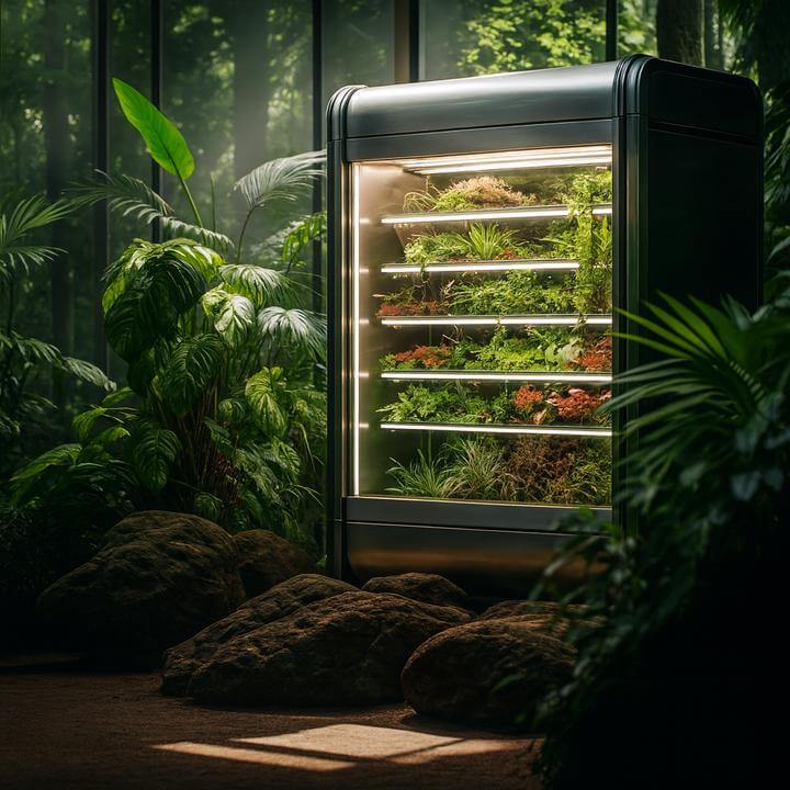 Réfrigérateur commercial écologique entouré de plantes, illustrant existe-t-il des réfrigérants écologiques pour la réfrigération commerciale ?
