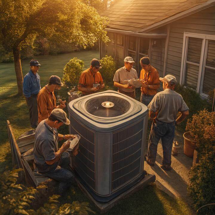 Techniciens AirGreen effectuant un entretien de thermopompe centrale à Montréal - Guide d'expert pour l'entretien des thermopompes centrales par AirGreen, Montréal