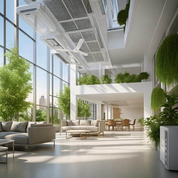 Modern office space illustrating quels sont les avantages de la mise à niveau de mon système CVC commercial with sustainable design