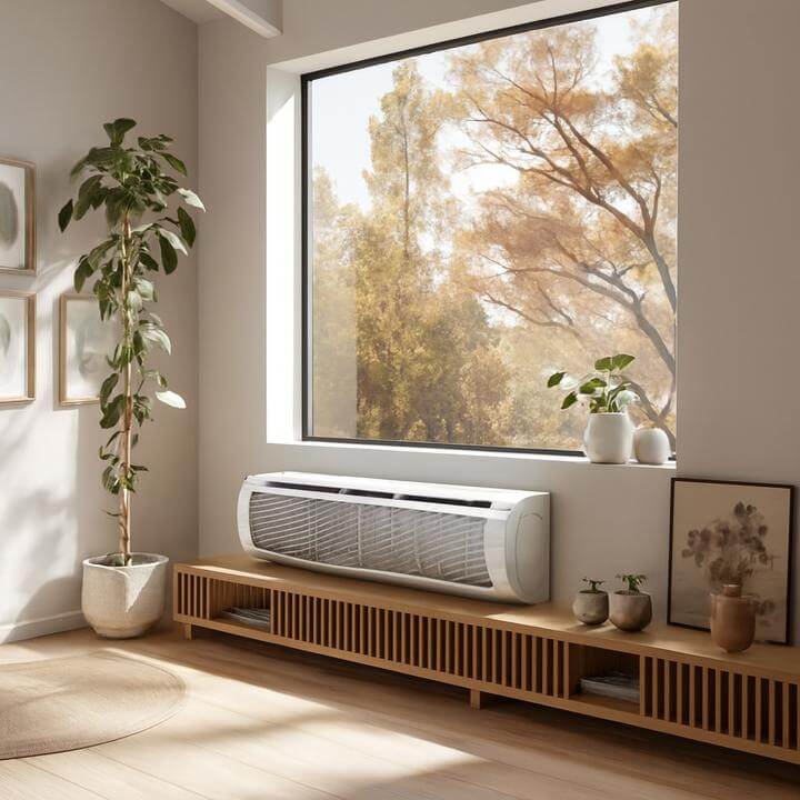 PTAC unit in modern living room illustrating 'Comment déterminer la taille appropriée de l'unité PTAC pour mon espace?' guide.