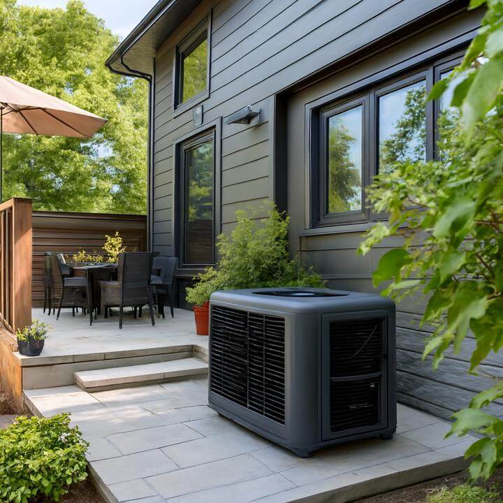 Installation d'un système central de thermopompe : Guide AirGreen montrant une unité extérieure près d'une maison.