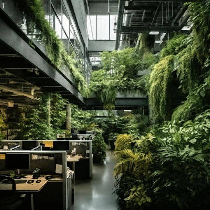 Espace de bureau moderne illustrant comment un système de CVC commercial gère-t-il l'humidité avec plantes luxuriantes