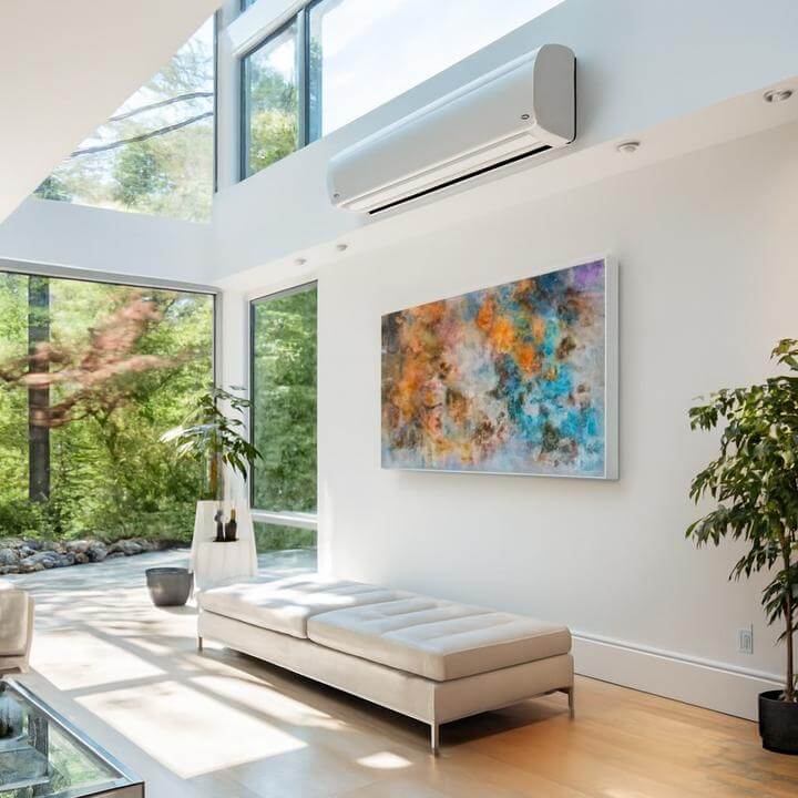 Climatiseur mural moderne dans un salon lumineux, illustrant "Les climatiseurs muraux sont-ils écologiques ?" par AirGreen.