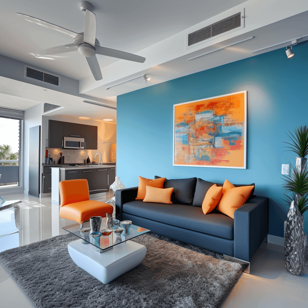 Intérieur de condo moderne avec systèmes CVC pour réduire les allergènes aéroportés en ville, style élégant et épuré.