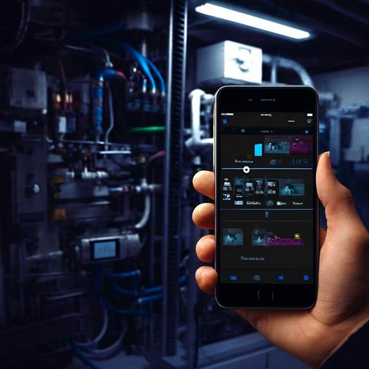 Contrôle à distance d'un système CVC commercial via smartphone dans une salle des machines.