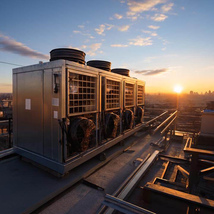 Systèmes CVC centralisés sur un toit au coucher du soleil, illustrant comment fonctionne le CVC centralisé dans les immeubles à condos.