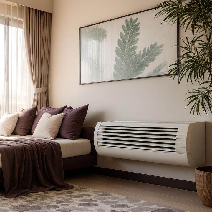 Chambre moderne avec unité PTAC, illustrant "Qu'est-ce qu'une unité PTAC et en quoi diffère-t-elle des systèmes CVC traditionnels?"