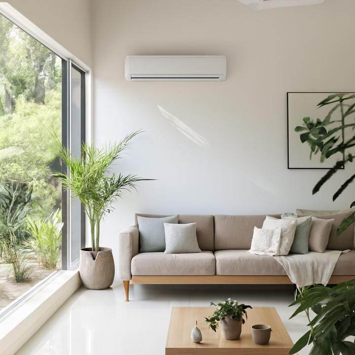 Salon moderne avec climatiseur mural - Quelle est la consommation d'énergie d'un climatiseur mural?